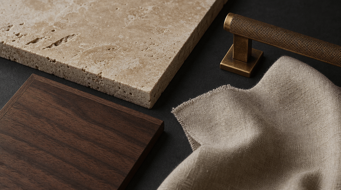 Close-up editorial composition of luxury interior material samples — travertine marble slab, aged brass hardware, raw li