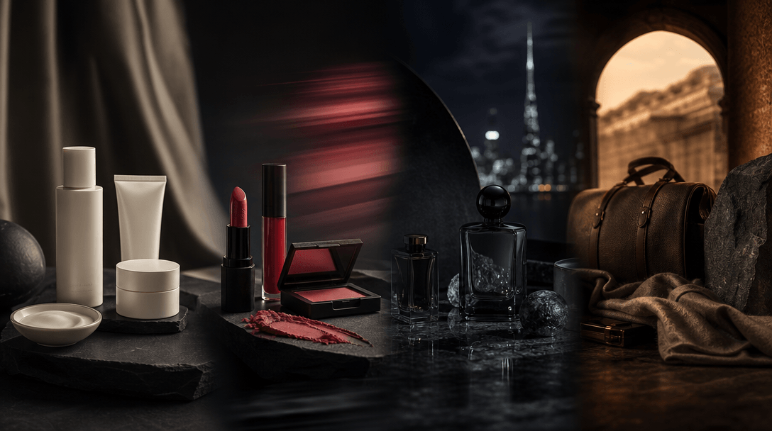 Four distinct beauty campaign atmospheres arranged as a seamless editorial tableau: clean ivory skincare, vivid cosmetic