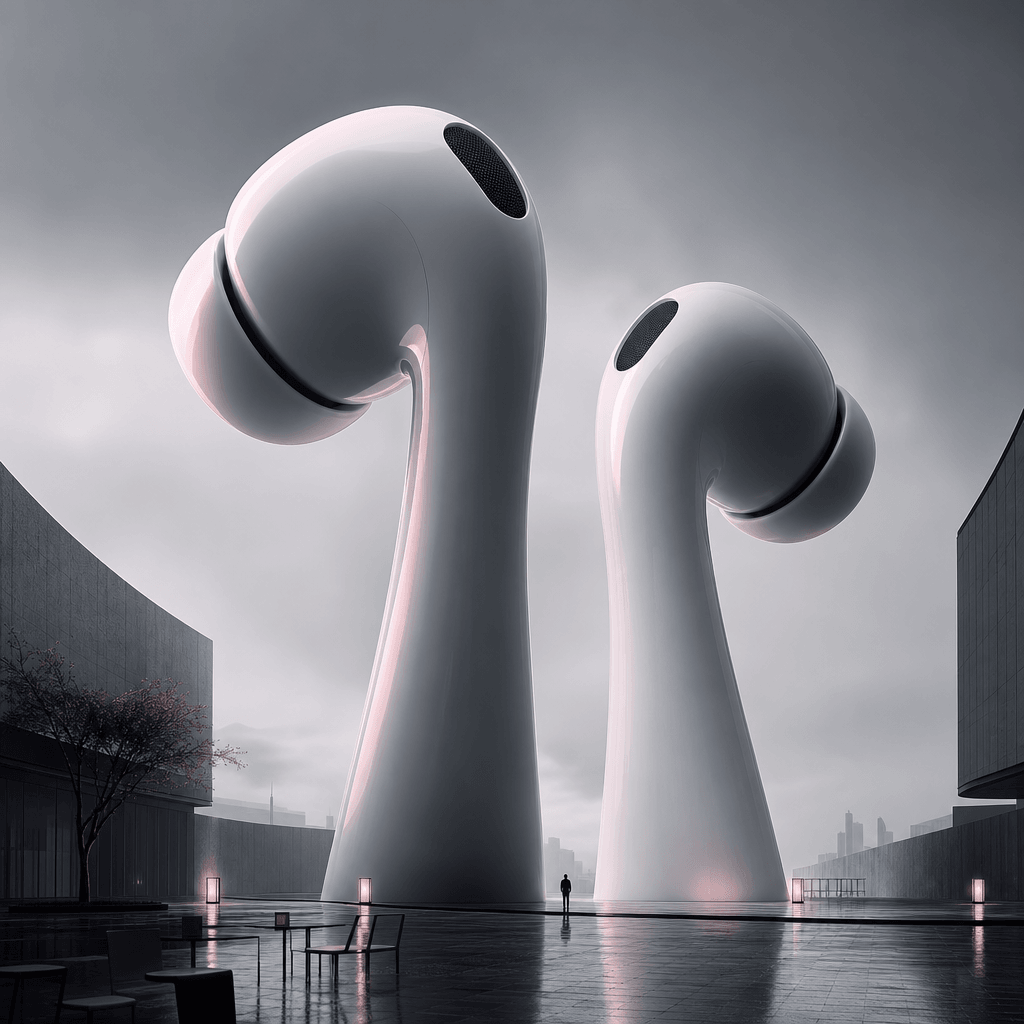 A gigantic pair of compact wireless earbuds rising from an urban plaza like smooth sculptural towers, surrounded by rest