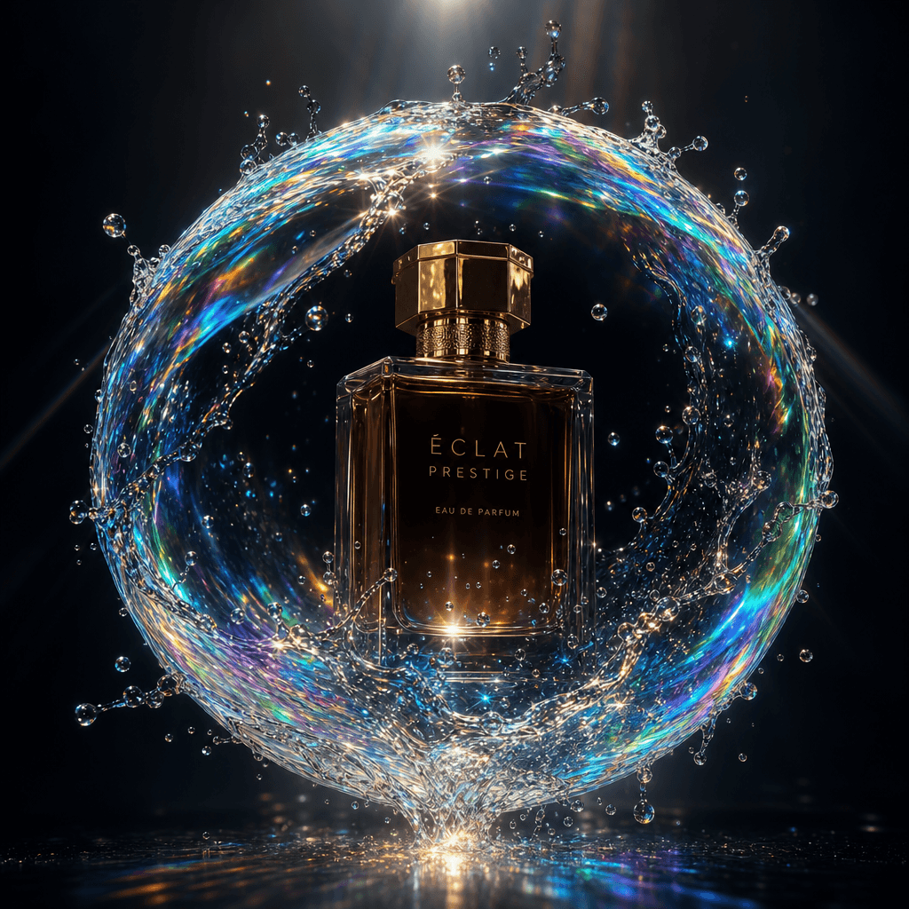 Perfect sphere of iridescent water splash surrounding premium perfume bottle, light rays refracting through droplets, da