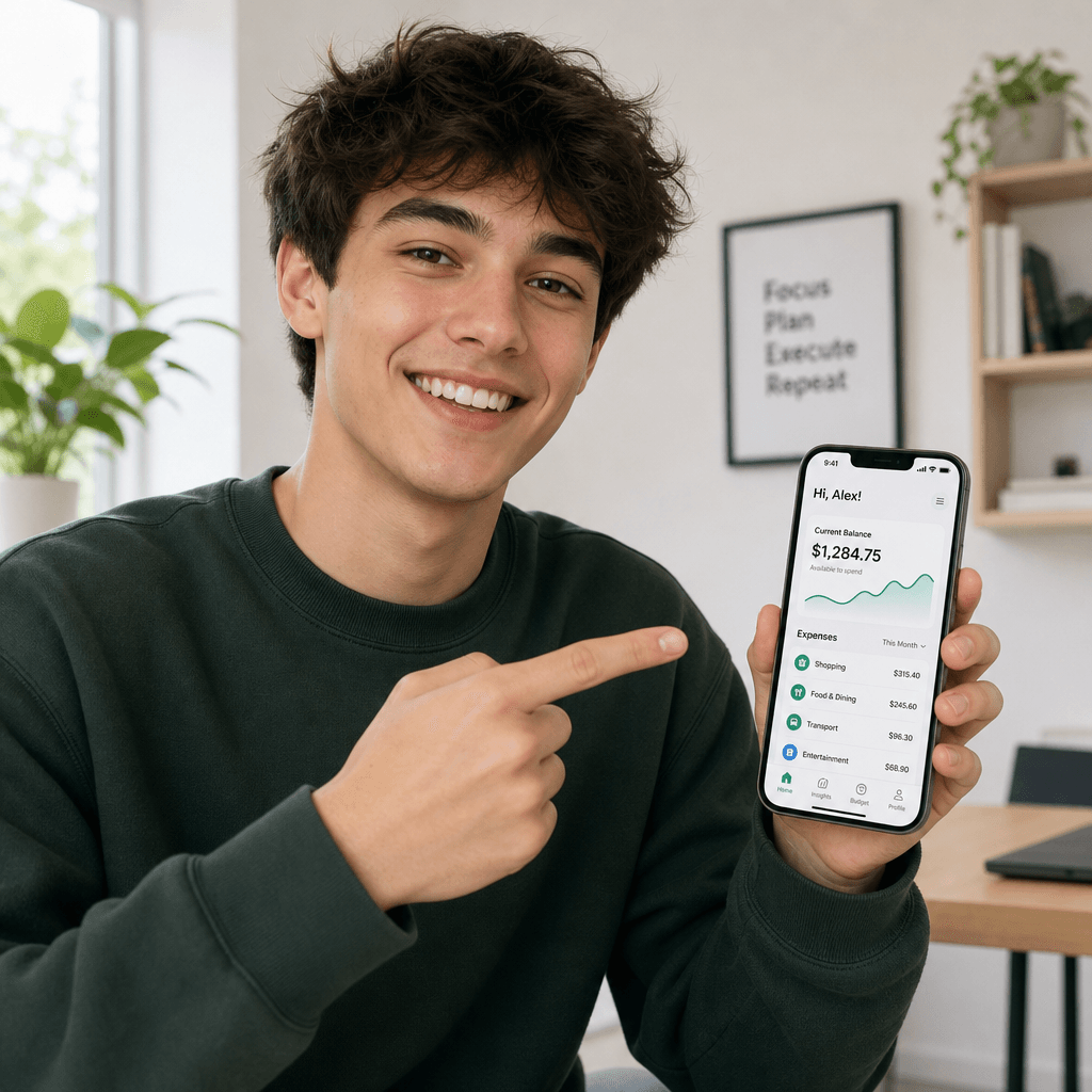 Young person gesturing at mobile phone screen, engaging with app interface, bright natural light, modern minimalist back