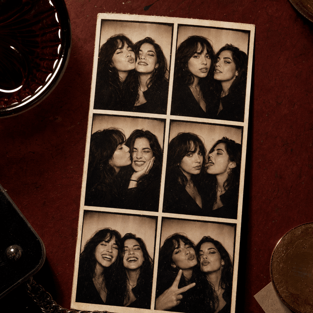 A playful vintage photobooth strip featuring two anonymous friends sharing candid expressions across six coordinated fra