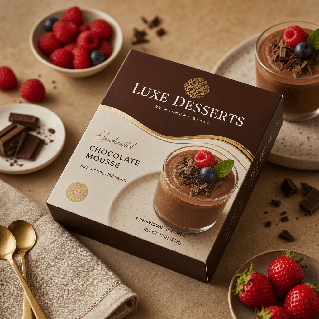 Product photography square: beautifully packaged gourmet dessert box photographed from elevated 45-degree angle with com