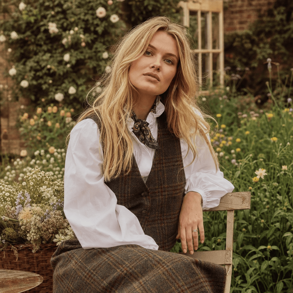 Editorial portrait with cottage garden background, warm color grading, luxury countryside styling, professional photosho