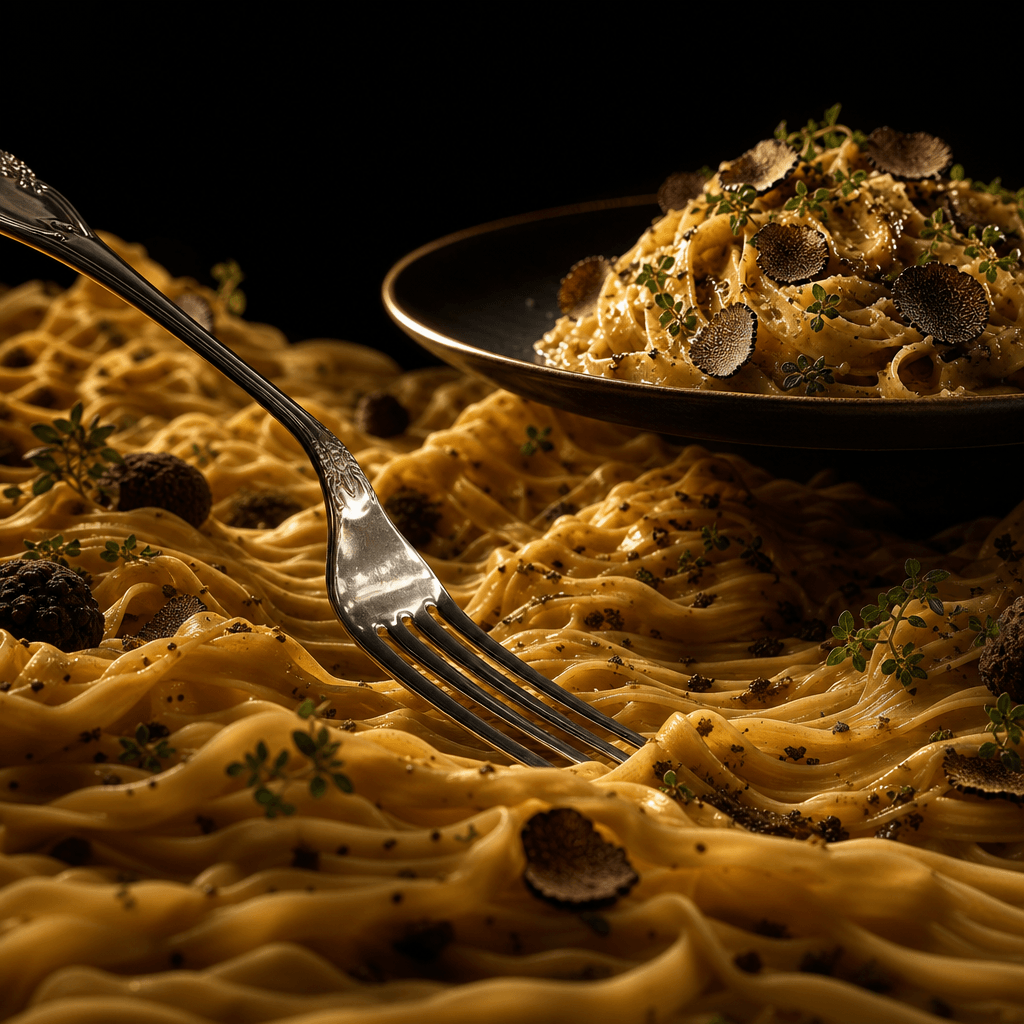 A gleaming fork crossing a landscape formed from silky pasta ribbons toward an elegant plate of truffle tagliatelle, whi