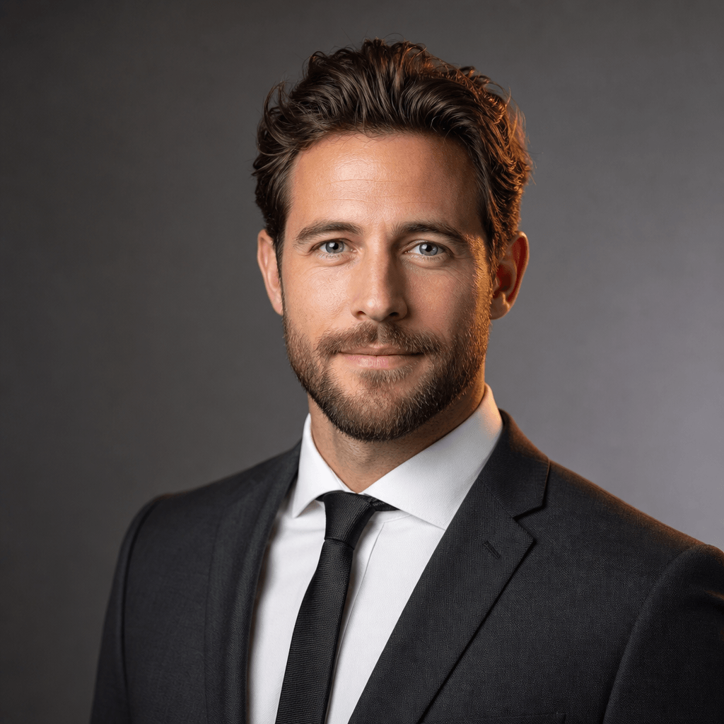 A professional business portrait of a man in a charcoal suit, soft wraparound studio lighting with a warm rim light, cle