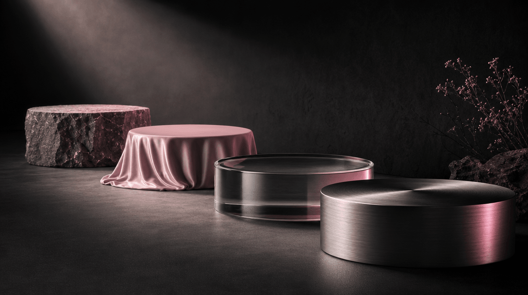 Four refined product pedestals receding through a dark studio, each shaped from a different premium material: stone, sil
