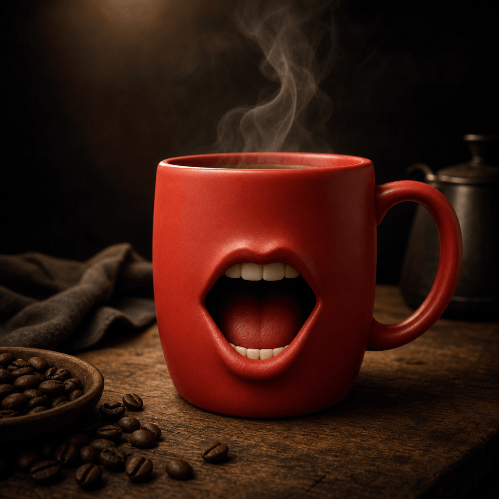 A matte red ceramic coffee mug with an open animated speaking mouth expression, warm overhead studio light, deep dark ed