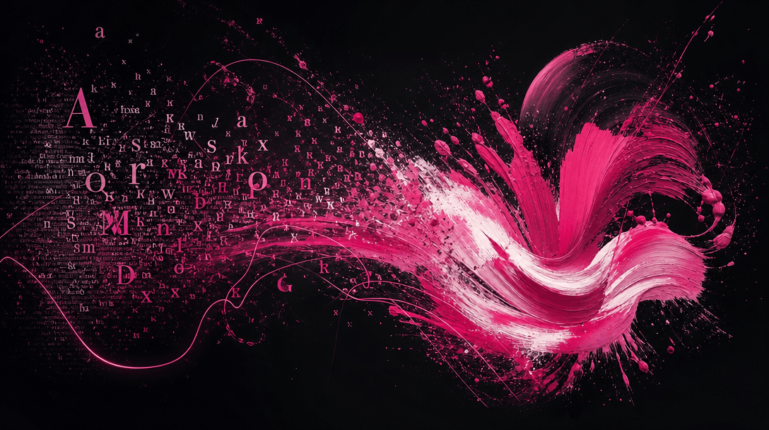 Abstract representation of text transforming into visual art: letters and characters morphing into brush strokes and pai