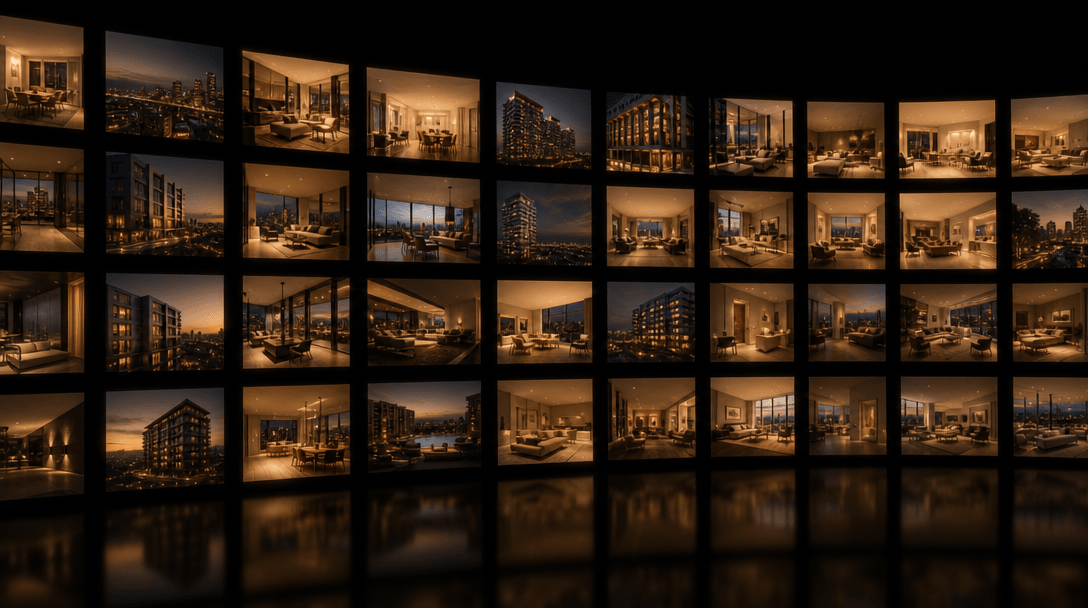 Rows of illuminated apartment listing photographs arranged in a precise editorial grid, glowing softly against a near-bl
