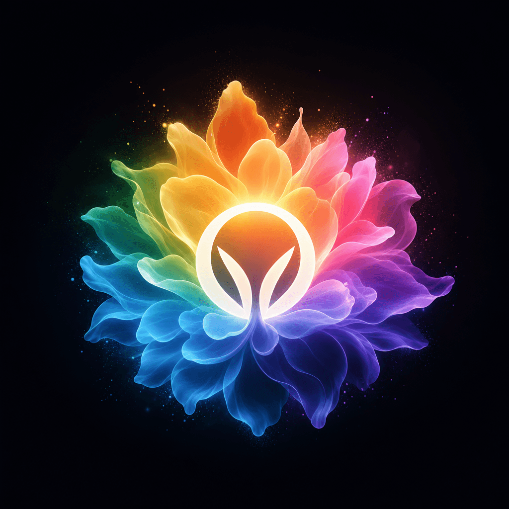Logo with blooming flower effect, colors expanding outward smoothly, organic growth motion, luminous quality.