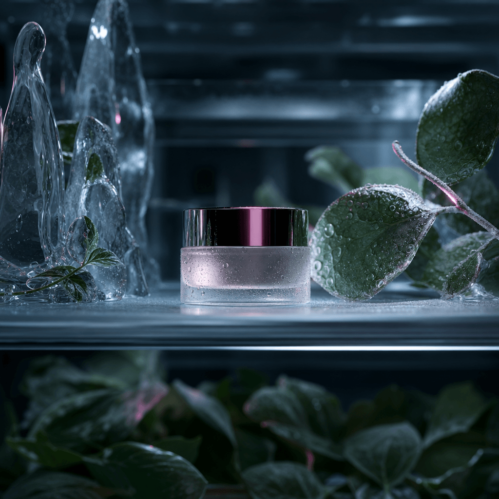 Luxury skincare jar stored on a refrigerator shelf with chilled botanical leaves, water droplets, frosted glass, and scu