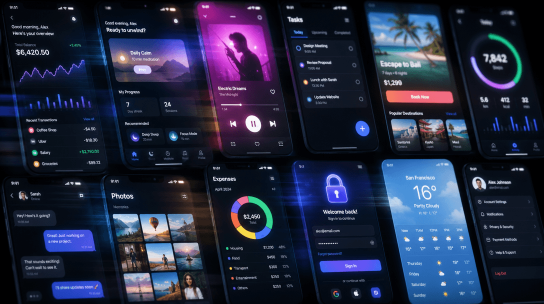 Fast-motion montage showing app screens updating and changing. Soft glow from device screens against dark background, ci