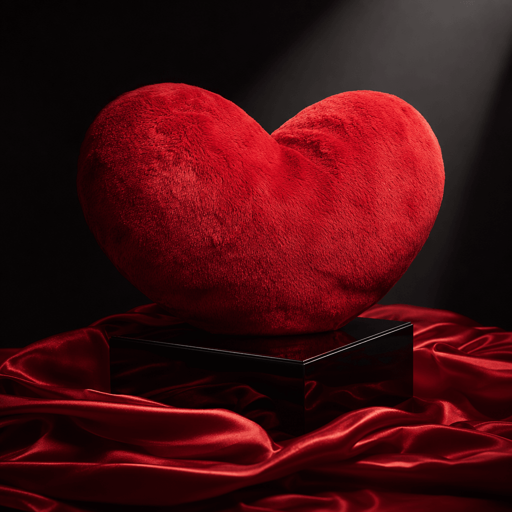 Oversized plush heart pillow resting on a black lacquer pedestal with scattered red satin folds, dramatic spotlight, dee