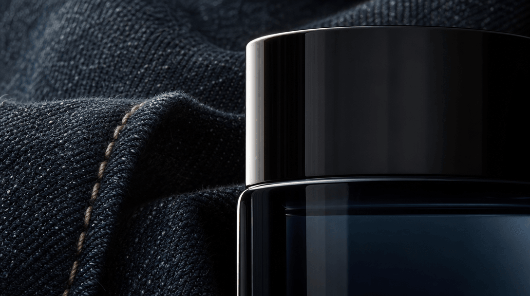 Extreme close-up of a premium cosmetic container beside sharply resolved denim fibers and stitching, emphasizing precise