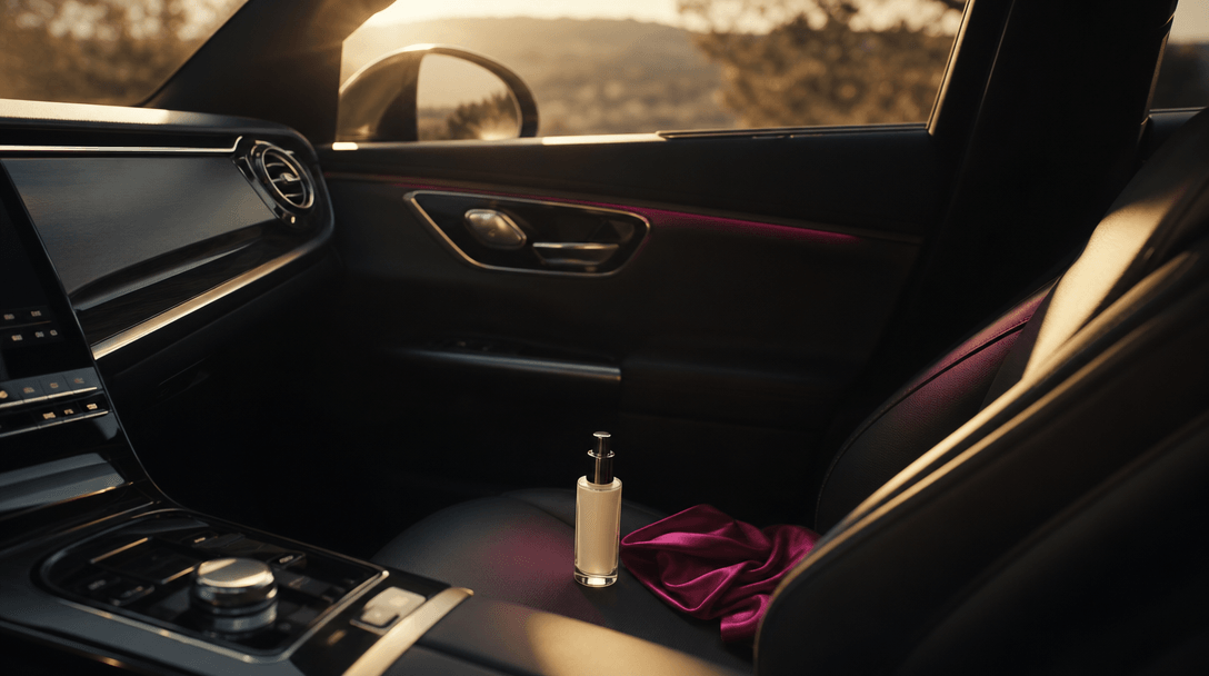 Wide cinematic view across the passenger seat of a premium parked car prepared for an intimate creator-style product rec