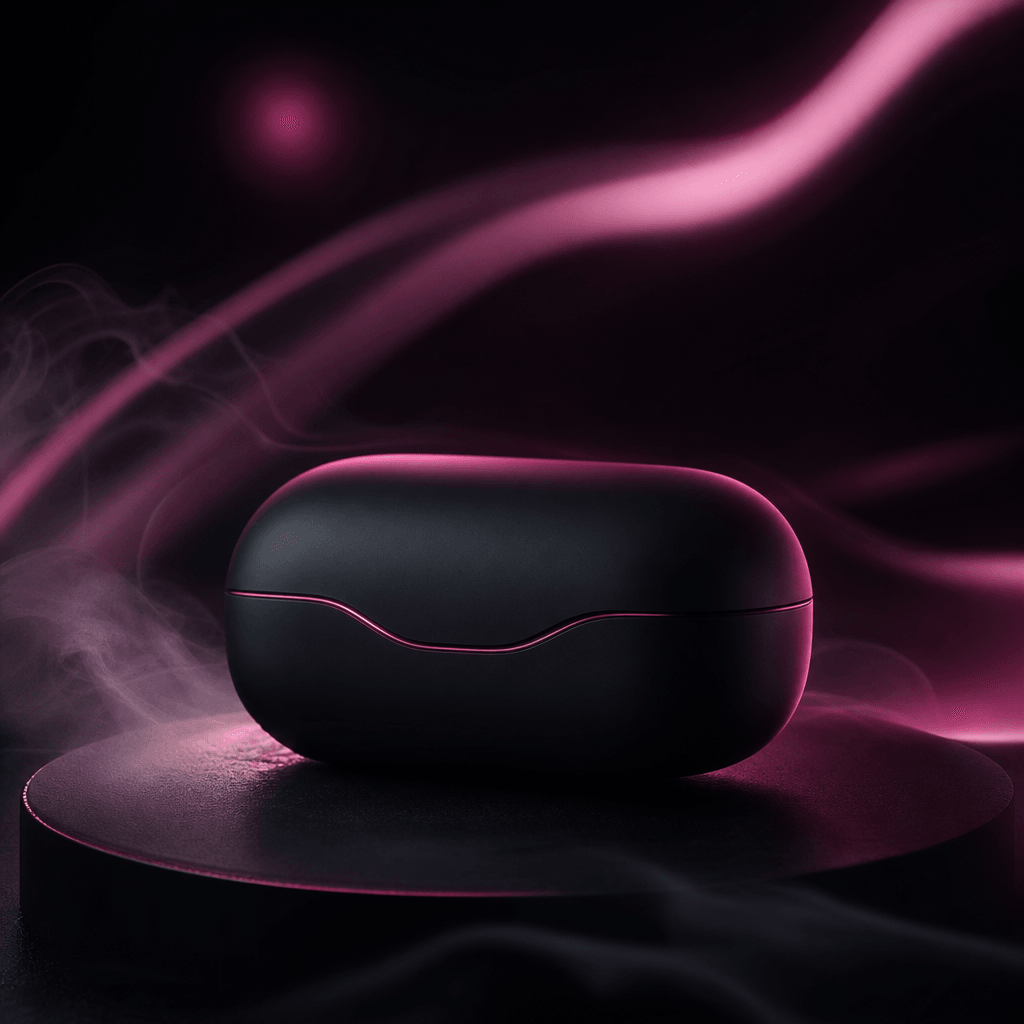 A sculptural wireless earbud case on a matte obsidian platform, surrounded by soft ribbons of translucent vapor and blur