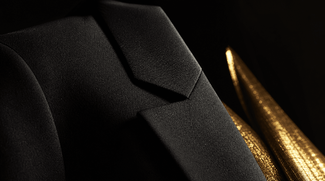 Abstract editorial fashion detail — extreme close-up of a perfectly tailored black blazer lapel in dramatic oblique side