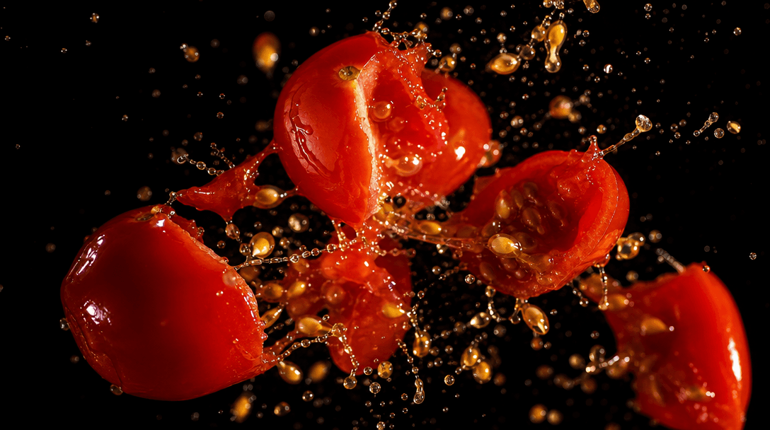 Ultra-close-up freeze-frame of fresh cherry tomatoes splitting apart mid-air — seeds and juice suspended in outward-arci