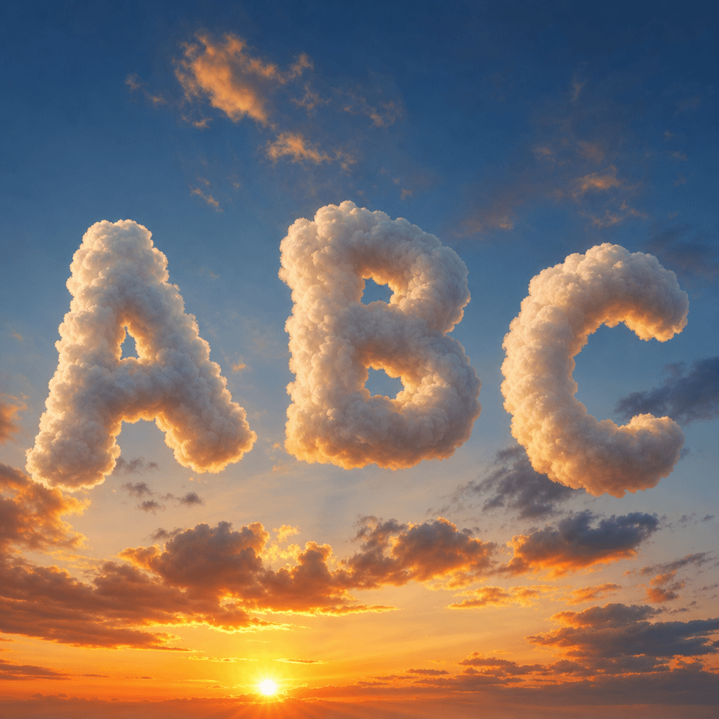 Fluffy white clouds forming abstract letter shapes against sunset orange and blue gradient sky, cinematic lighting, atmo