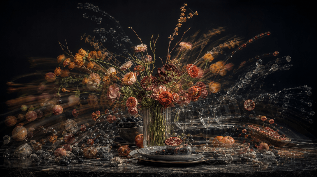 A sophisticated tabletop set assembling itself from scattered fruit, flowers, glass, stone, and droplets, captured as la