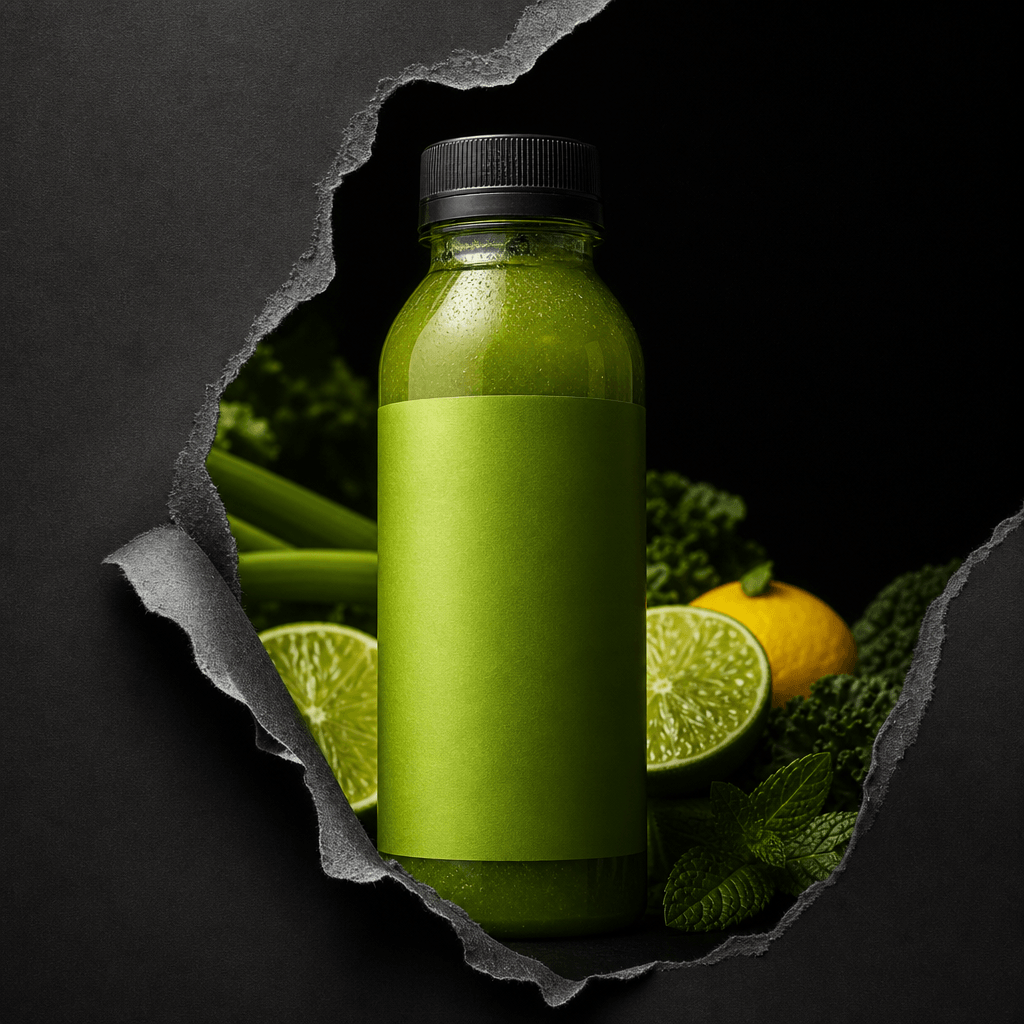 A cold-pressed juice bottle with a minimal label revealed through a torn paper effect. Vivid citrus and green tones of t