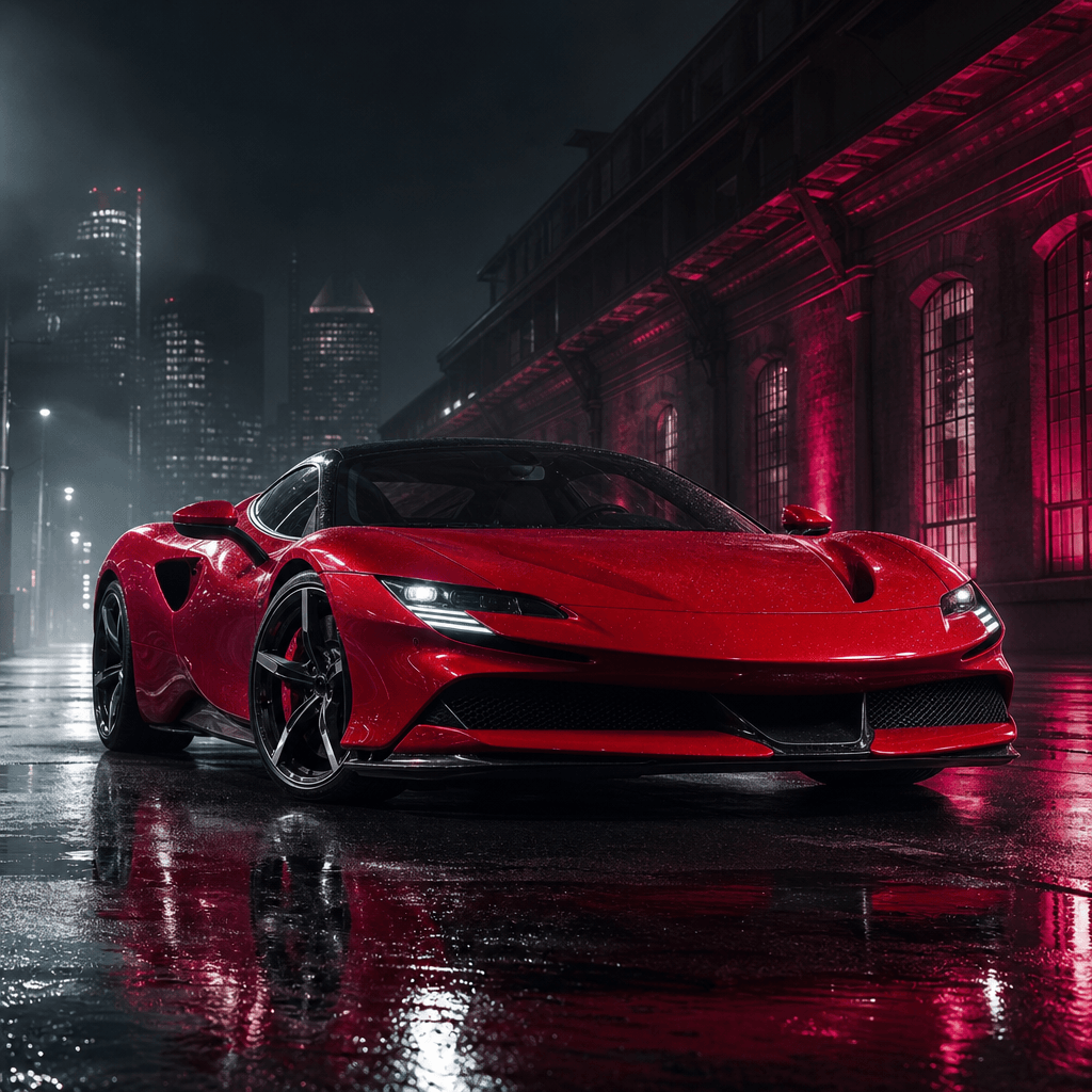 A vivid red sports car parked on a rain-darkened city street at night, cinematic automotive campaign image, low camera a