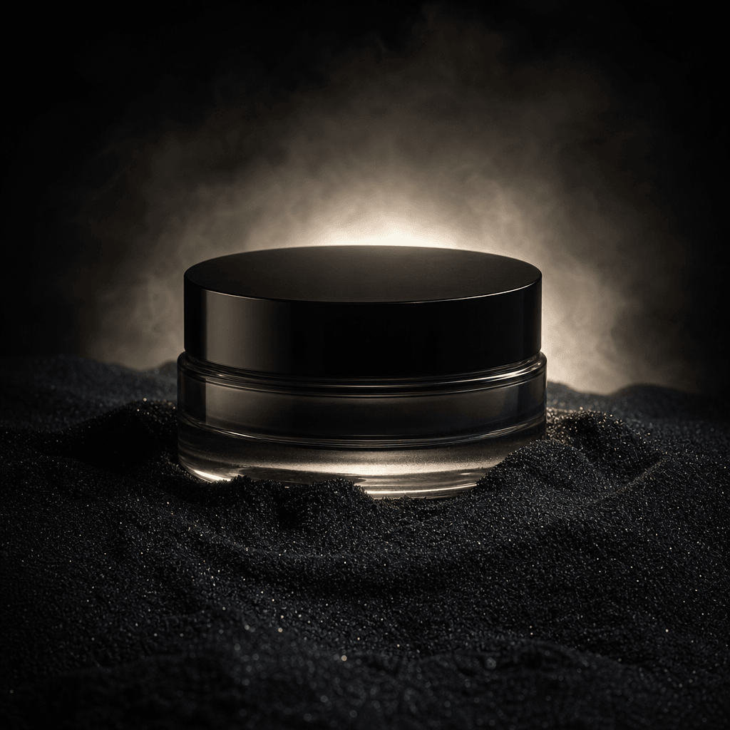 A low glass skincare jar emerging from black sand as a soft ivory backlight traces its circular silhouette. Cinematic st
