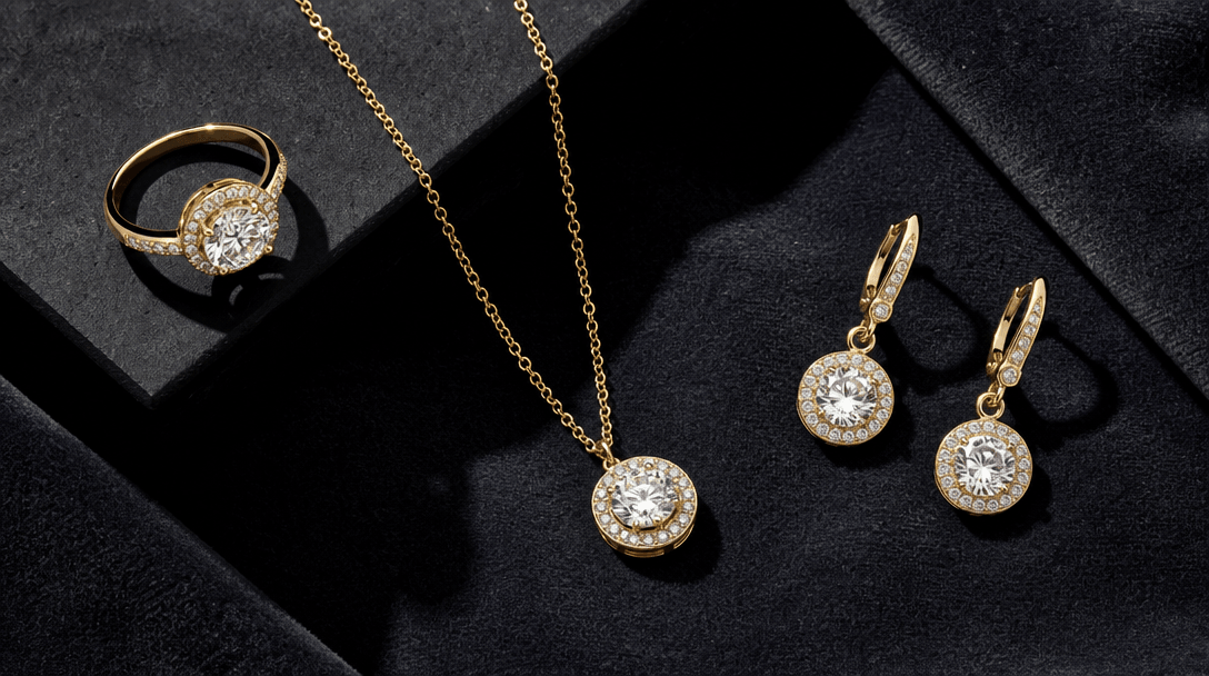 Flat-lay editorial composition: a ring, a necklace, and a pair of earrings arranged on deep charcoal velvet under crisp 