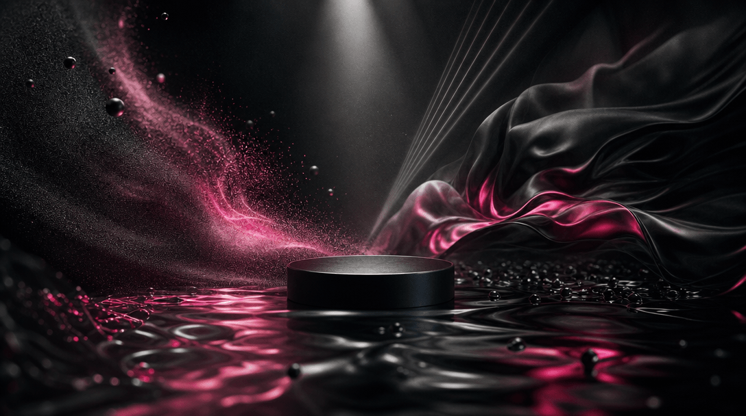 An abstract constellation of distinct cinematic materials converging around one central product pedestal: luminous film 