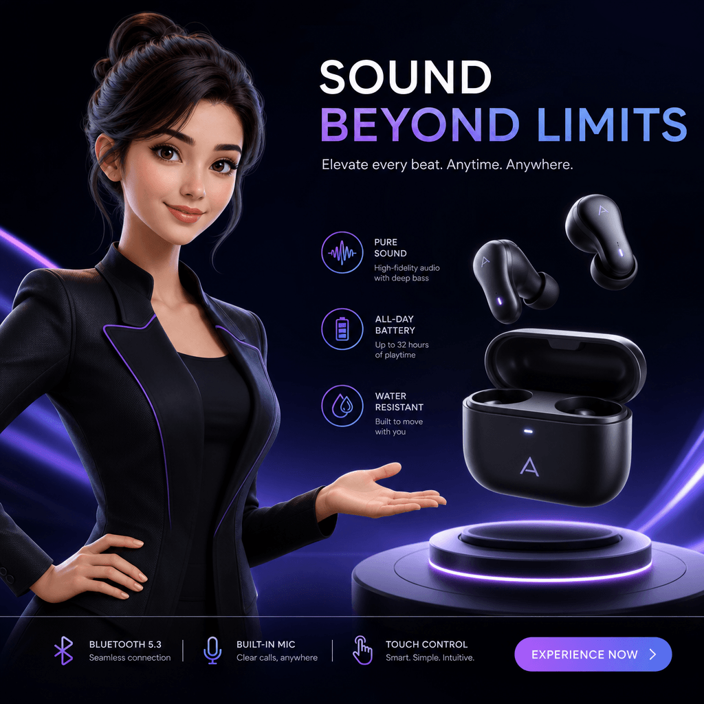 AI avatar with gesture motion, confident pose, product-focused attention direction, dynamic composition.