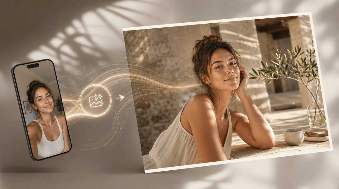 An abstract representation of the effortless creation feature, showcasing a beautiful lifestyle photo emerging from a se