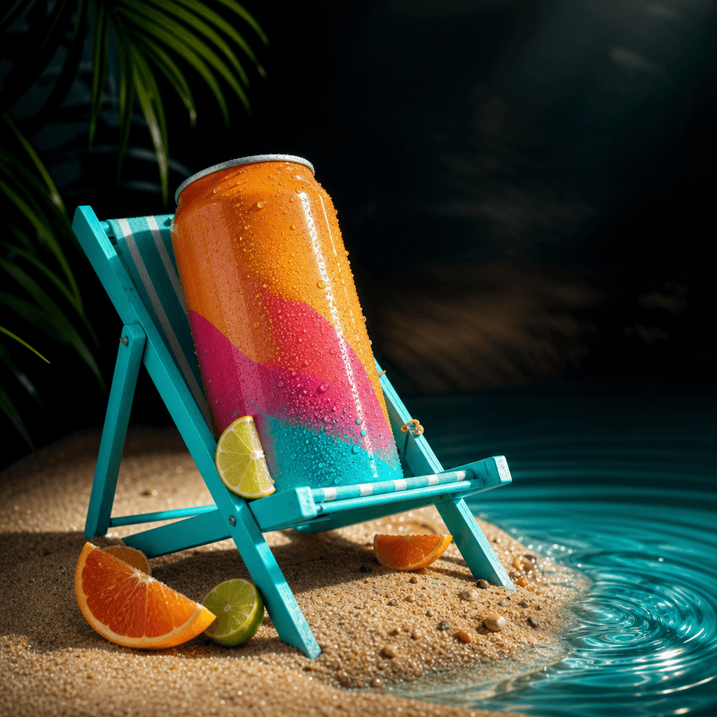 A bright canned sparkling drink placed on a miniature turquoise beach chair with tiny citrus slices, sunlit sand grains,