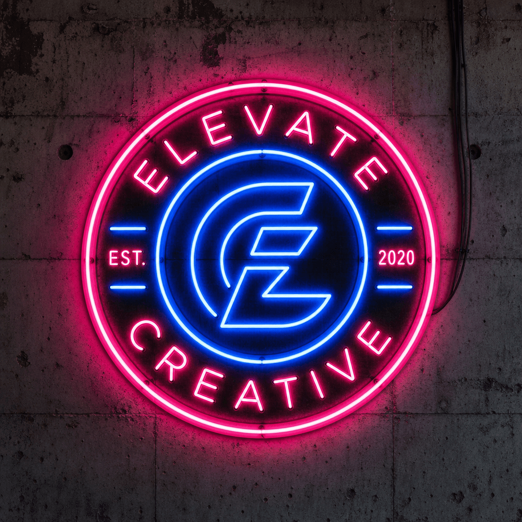 Bold neon sign with circular logo design in hot pink and electric blue, mounted on weathered concrete wall, industrial a