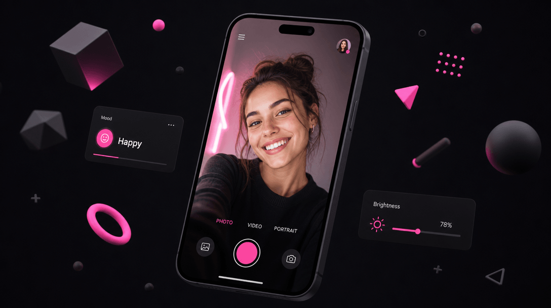 Smartphone with bright selfie on screen, surrounded by floating geometric shapes with pink accent highlights, clean dark