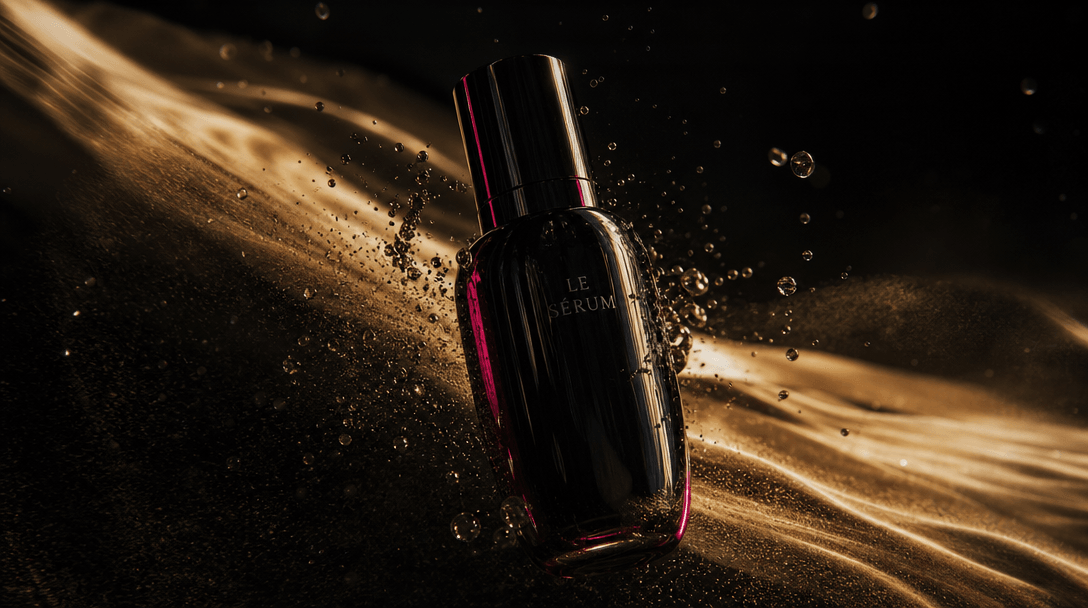 A sleek beauty bottle silhouette surrounded by suspended droplets, drifting sand, and moving bands of warm coastal light