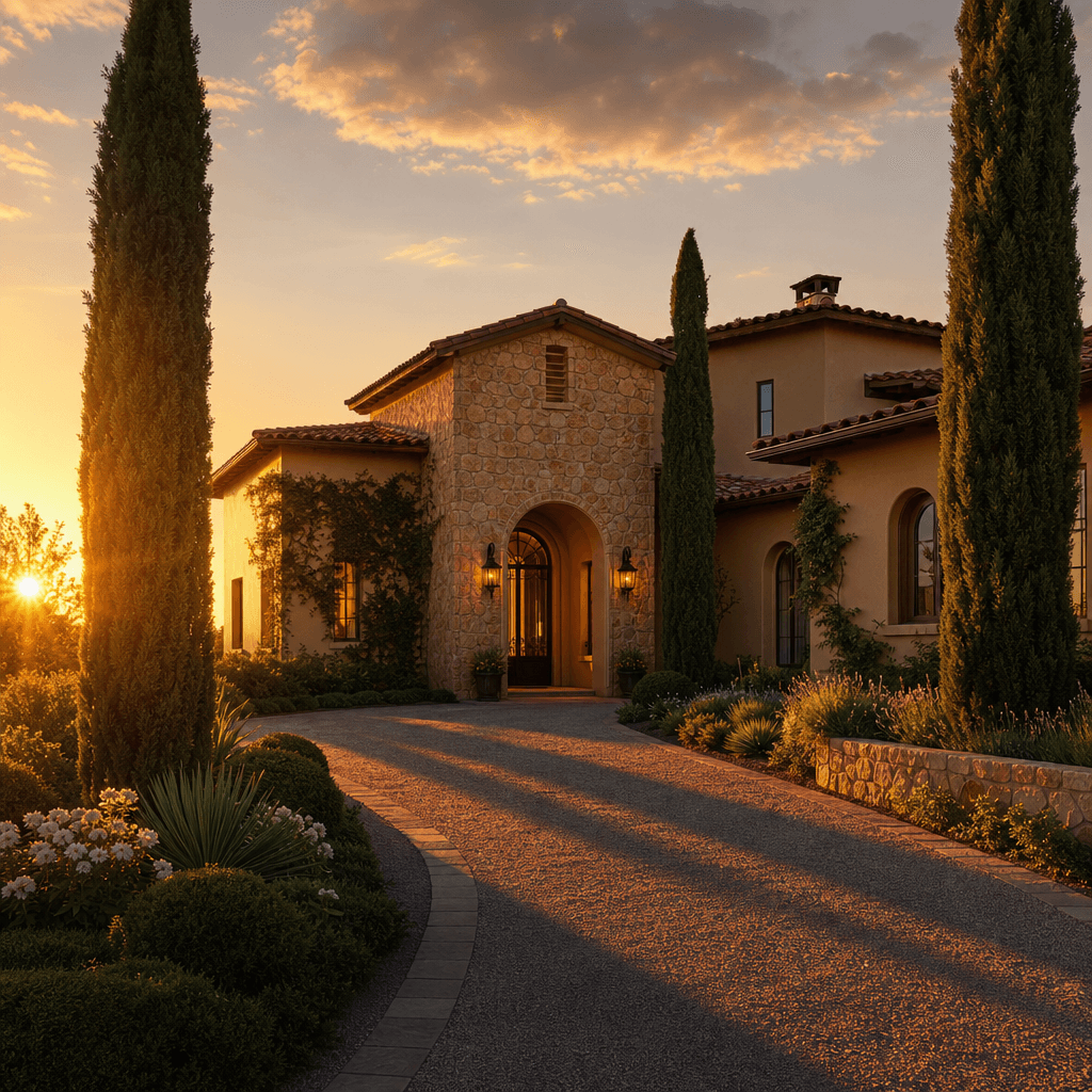 Luxury residential villa exterior at peak golden hour, warm raking sunlight across stone and render facade, long dramati