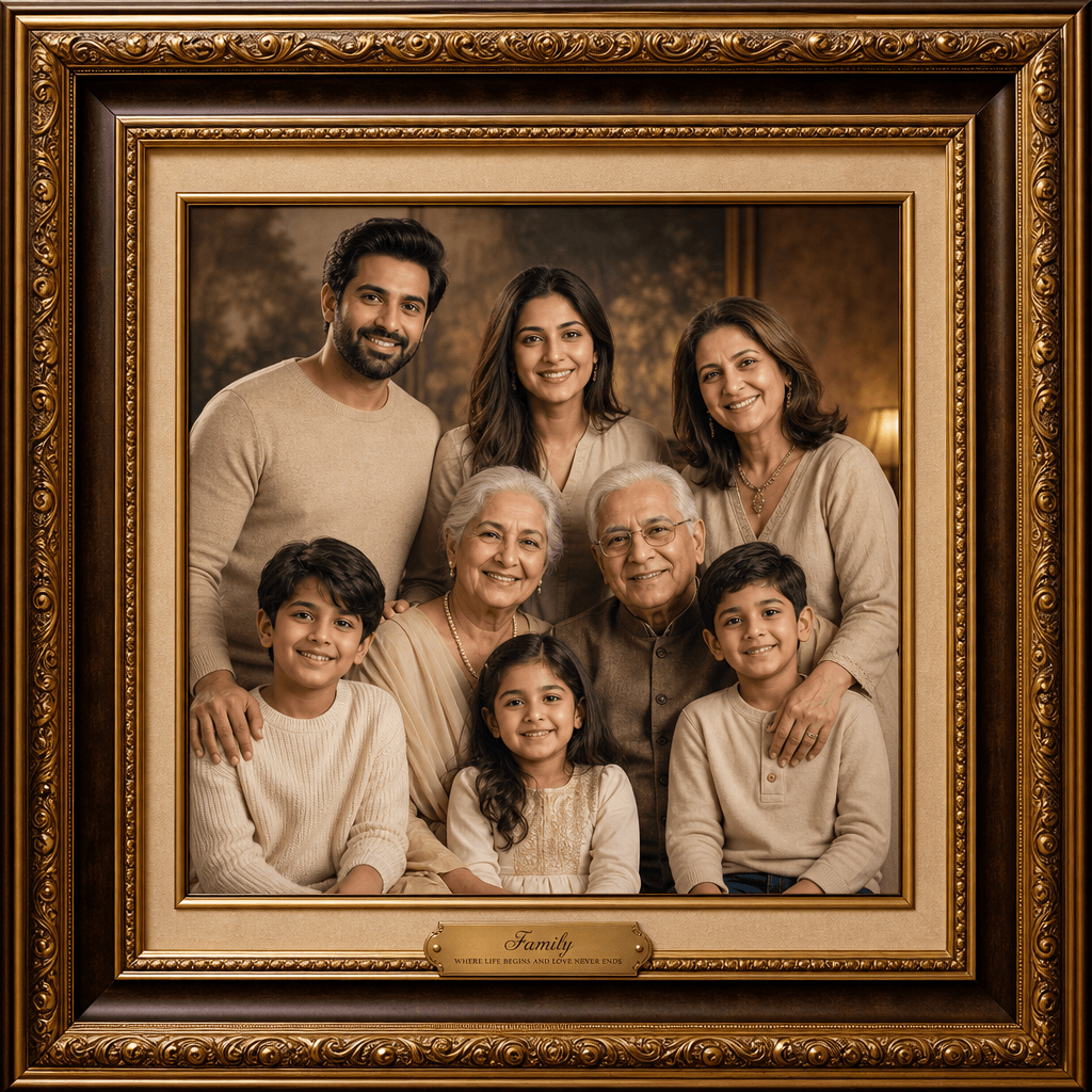 Multi-generational family group photo with nested frame styling. Grandparents, parents, and children in frame compositio