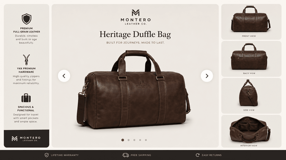 Carousel rotation animation revealing multiple product perspectives. Smooth transitions between slides, consistent brand