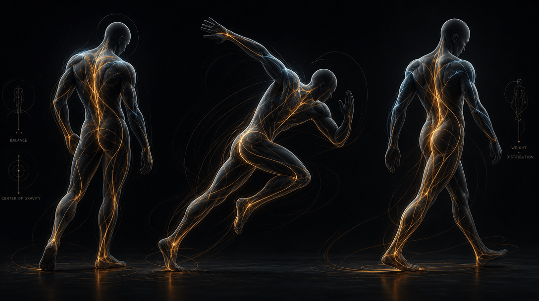 Abstract 3D character silhouette showing natural body mechanics and weight distribution, fluid motion lines flowing thro