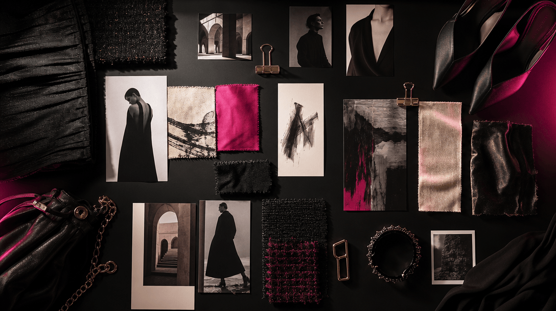 An atmospheric fashion moodboard built from real fabric swatches, metal clips, printed photographs without readable text