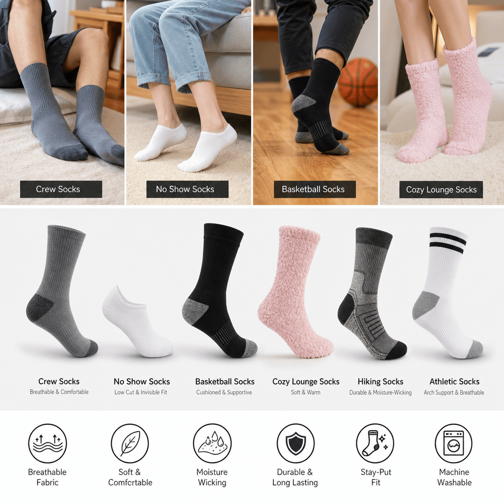 Multiple socks styles in realistic try-on scenarios, variety display, product detail clarity, ecommerce ready, professio