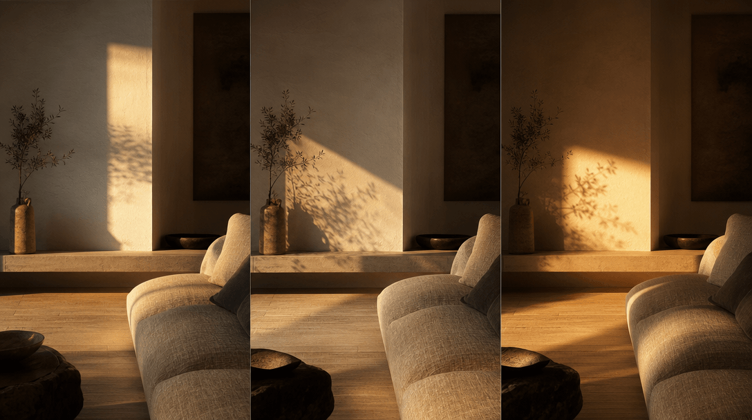 Abstract time-lapse of golden morning light sweeping slowly across a modern interior — beams tracking across textured li