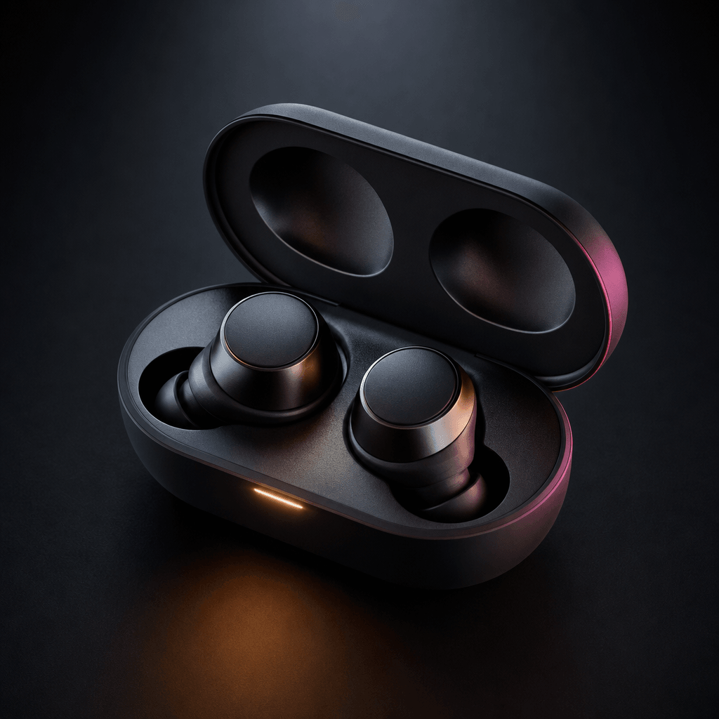 Consumer electronics hero shot: a sleek pair of wireless earbuds in an open charging case resting on a minimal matte dar
