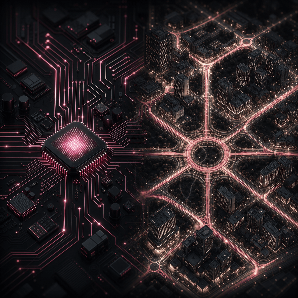 A square conceptual analogy comparing computer data flow with a luminous city transport network, cables becoming roads a