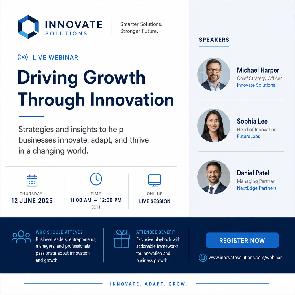 A corporate or business event poster with professional layout, minimal aesthetic, clear branding, and conference/webinar