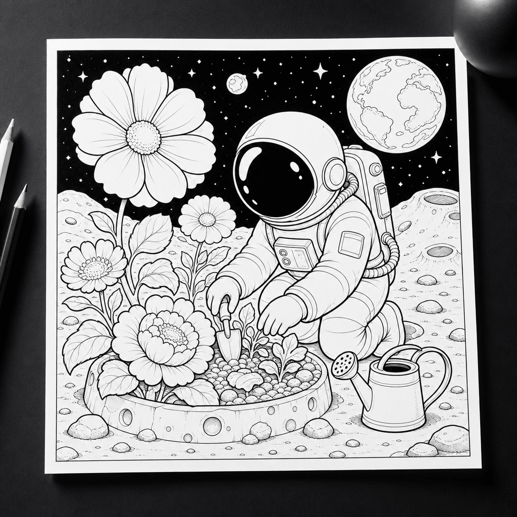 Square coloring page illustration of a friendly astronaut cultivating oversized flowers on the moon, clean black ink out