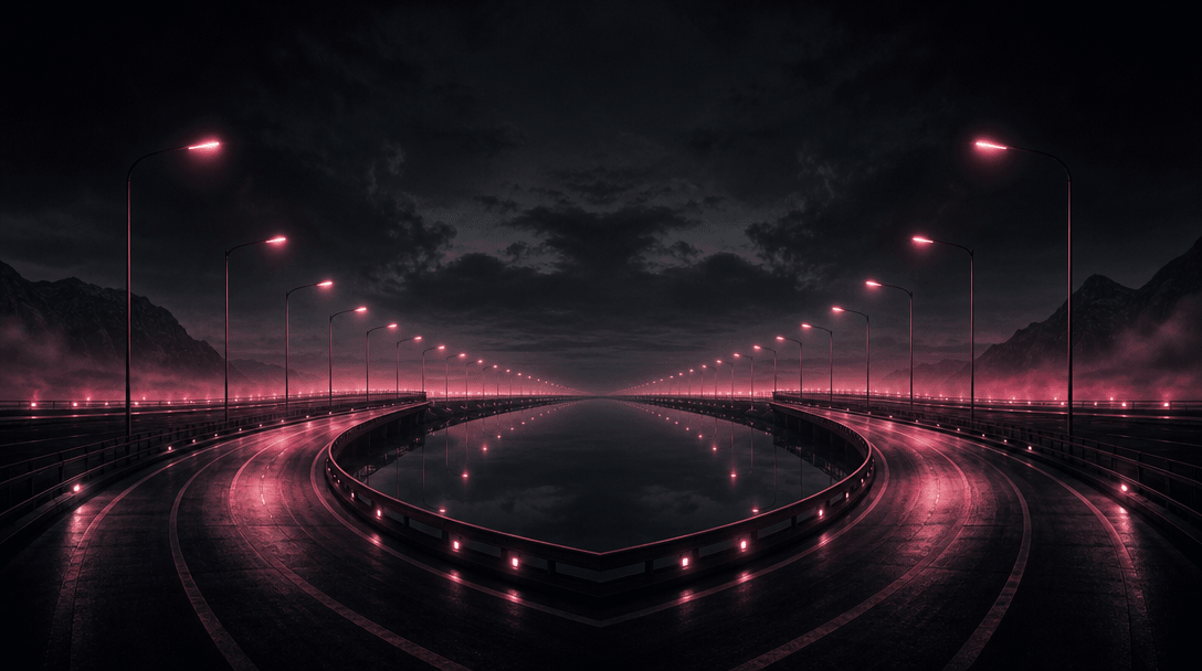 An abstract study of panoramic perspective using curved roads, mirrored horizons, repeating streetlights, and deep vanis
