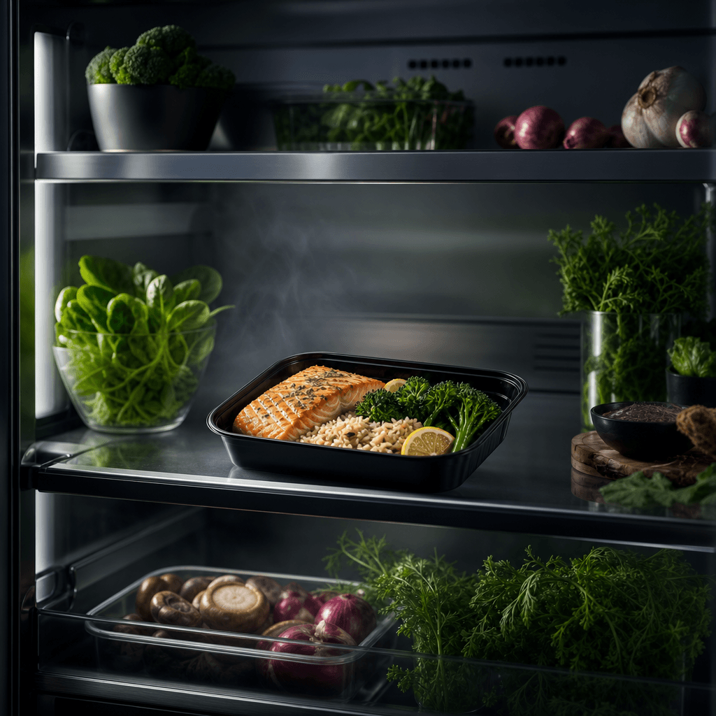 Minimal prepared meal tray placed prominently in a sophisticated refrigerator scene, fresh herbs and vegetables arranged