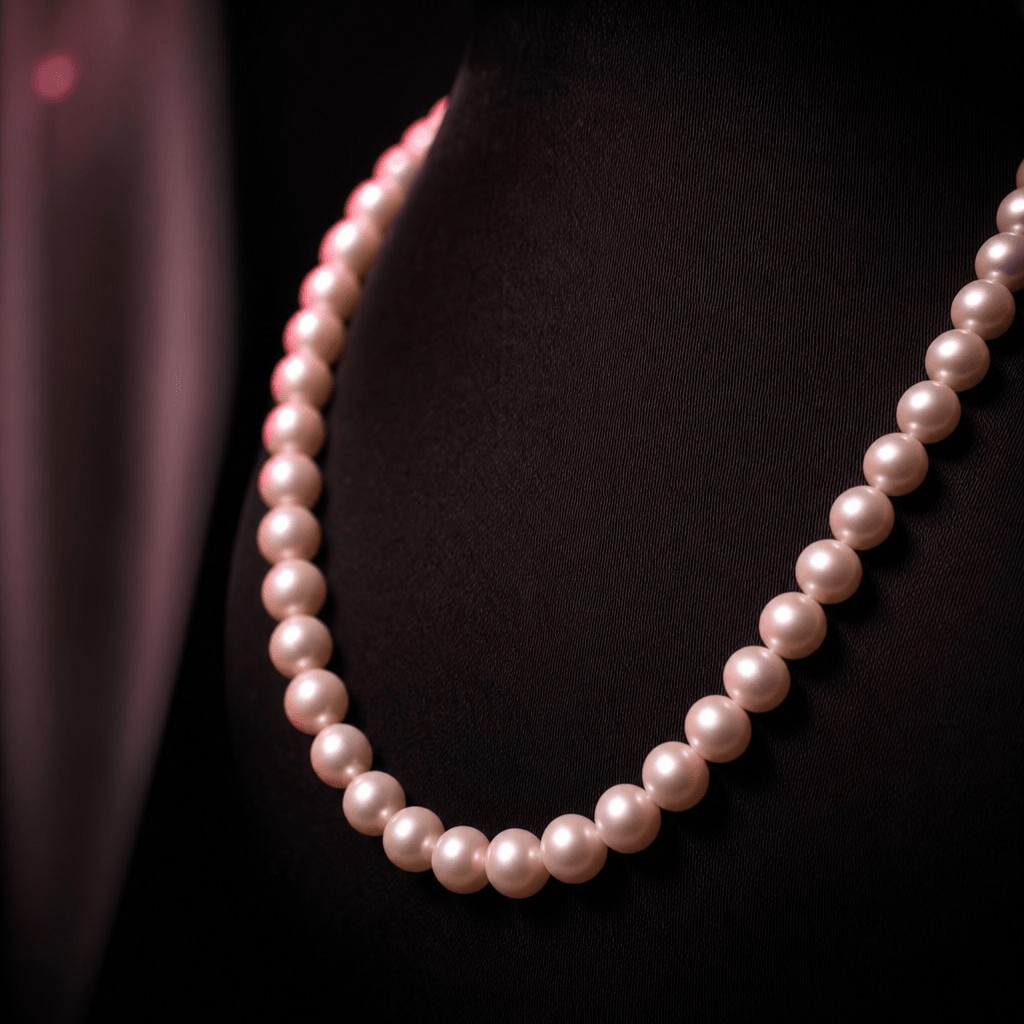 Pearl necklace draped gracefully, soft warm lighting with pink highlights, luxury styling, dark minimalist background, p